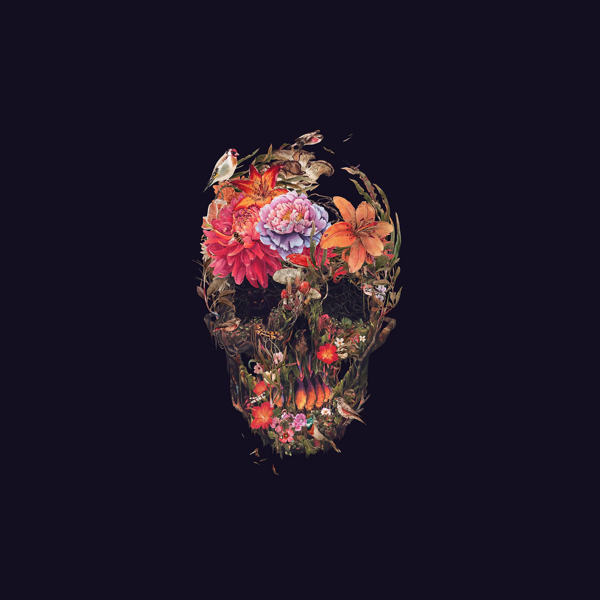 Eerie Skull And Dark Hd Flowers Wallpaper