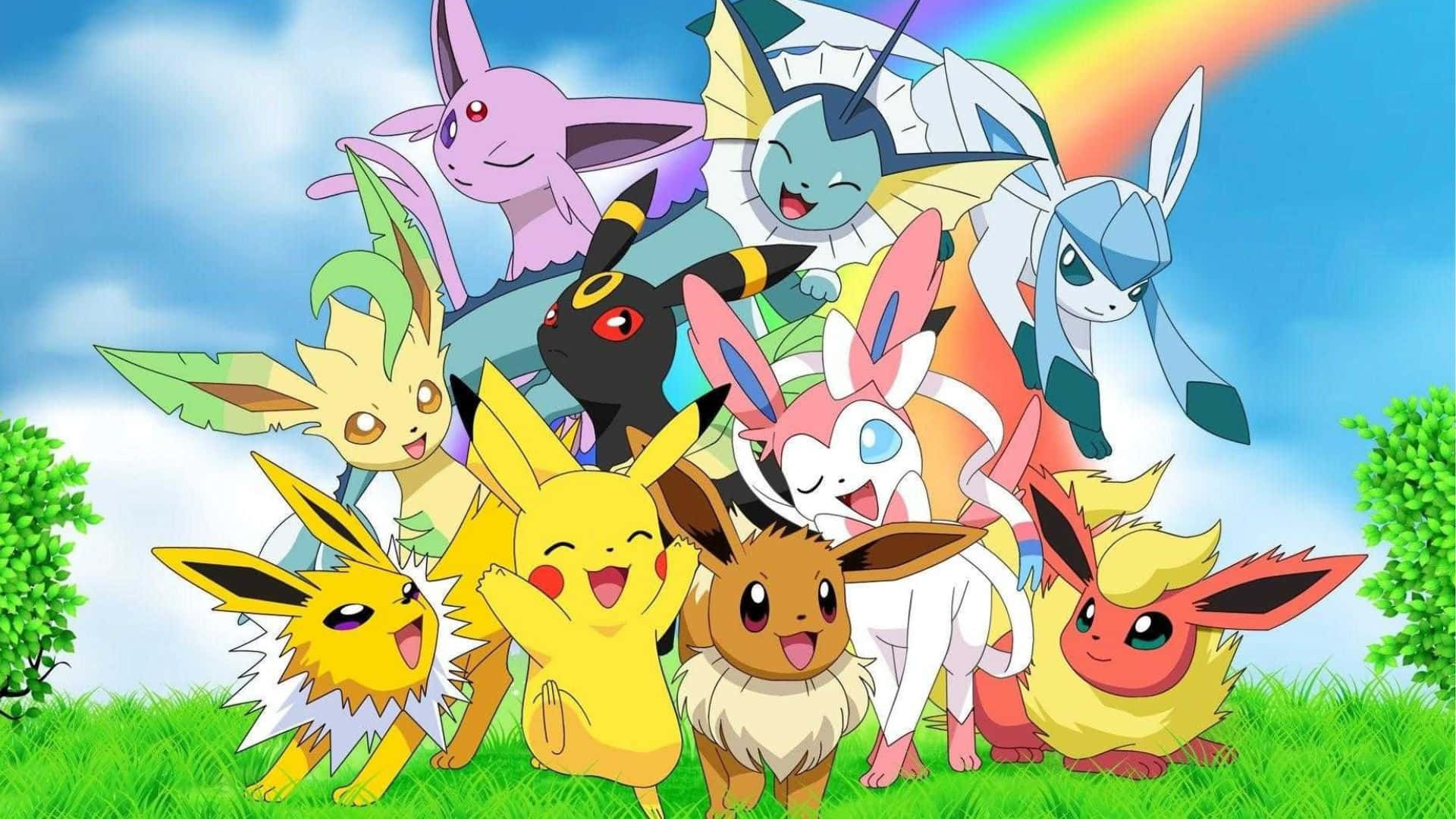Eevee_ Evolutions_with_ Pikachu_ Rainbow_ Background Wallpaper