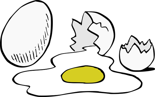 Una ilustración de dibujos animados de un huevo agrietado con yema derramándose sobre fondo negro
