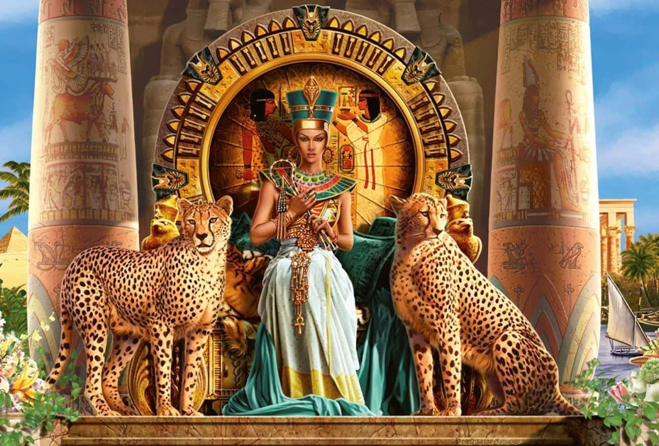 A Woman Is Sitting On A Throne With A Cheetah