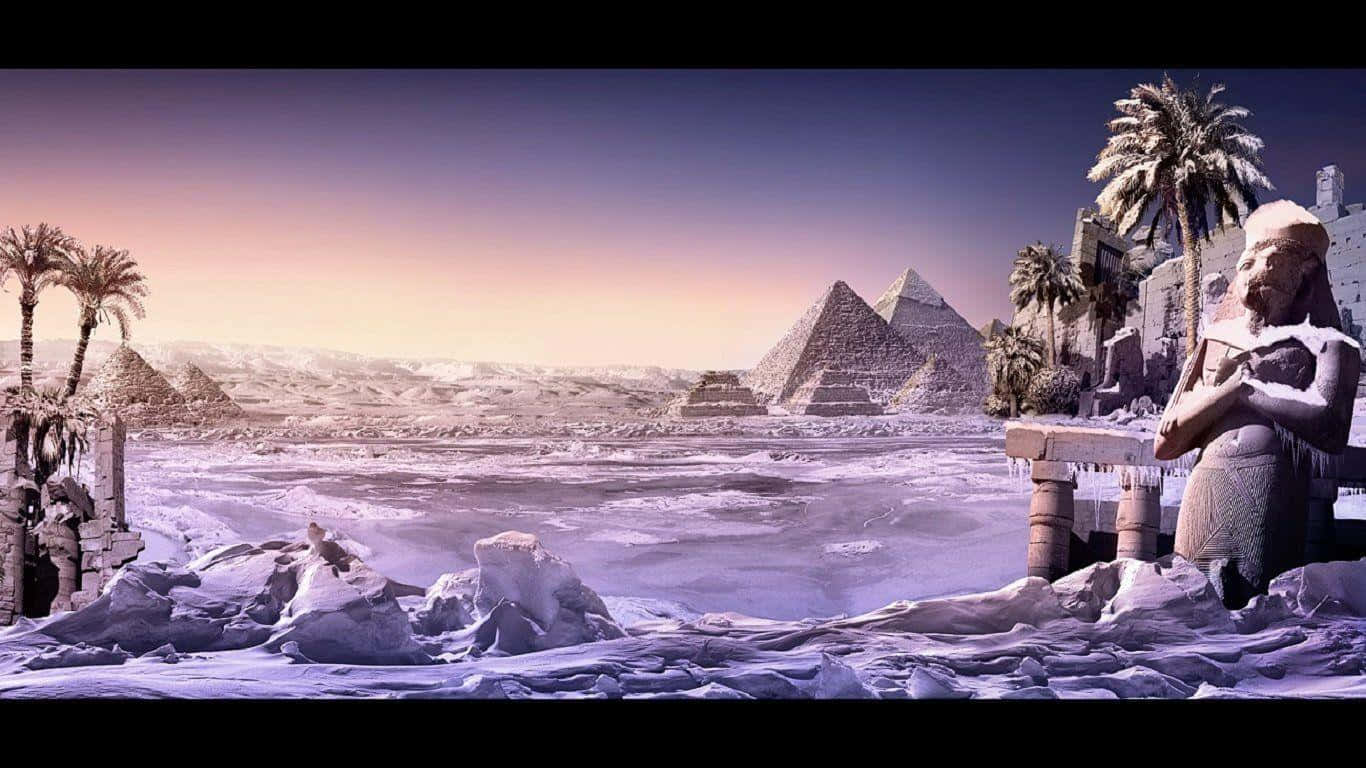 A Snowy Landscape With Pyramids And Palm Trees