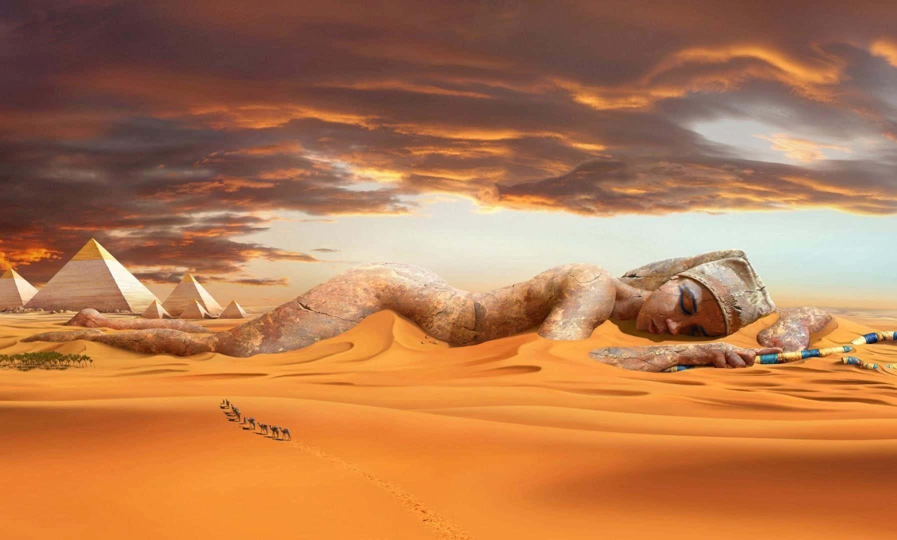 Unamujer Está Acostada En El Desierto Con Una Pirámide Al Fondo.