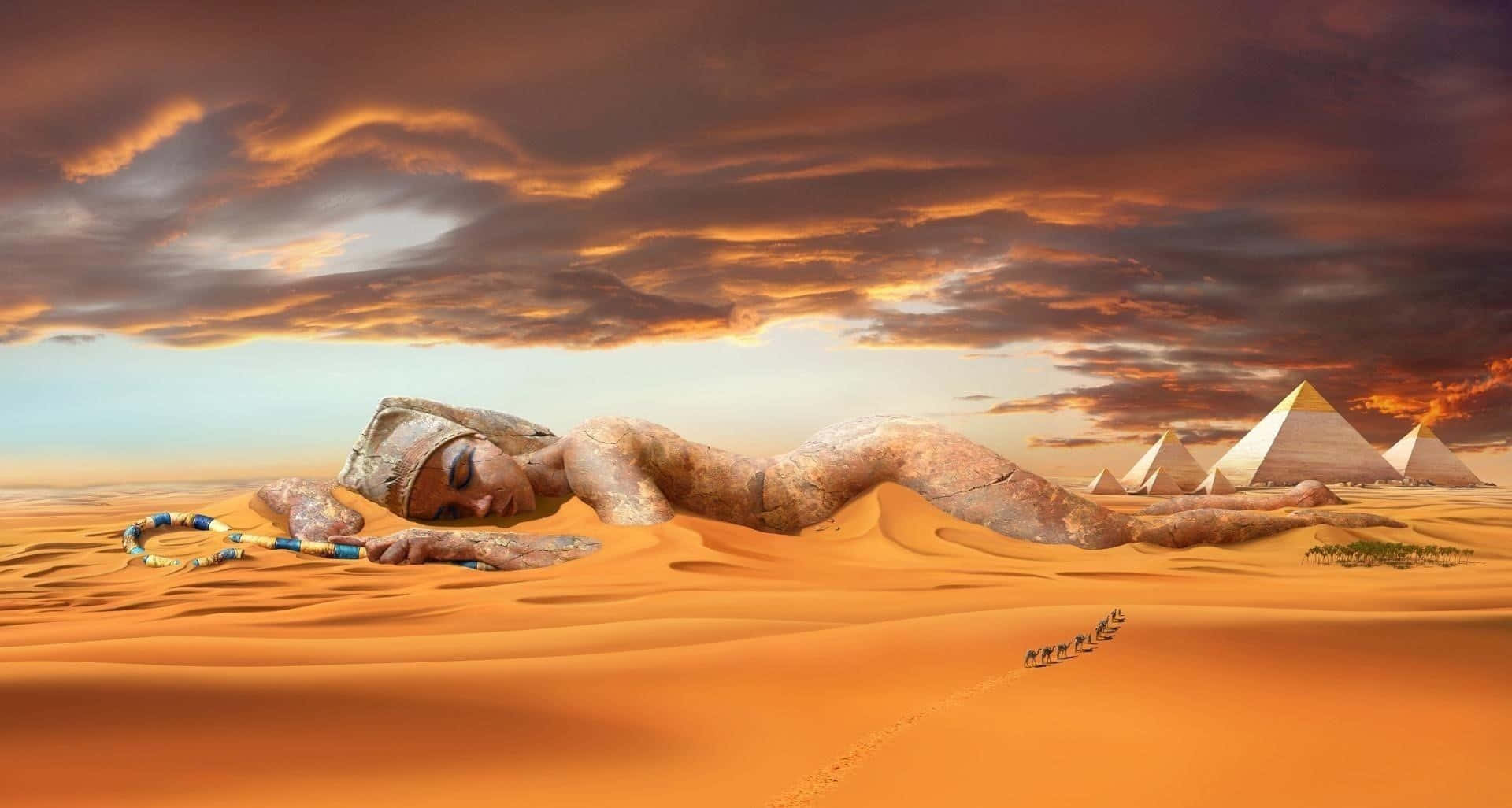 A Woman Is Lying In The Desert With A Sphinx
