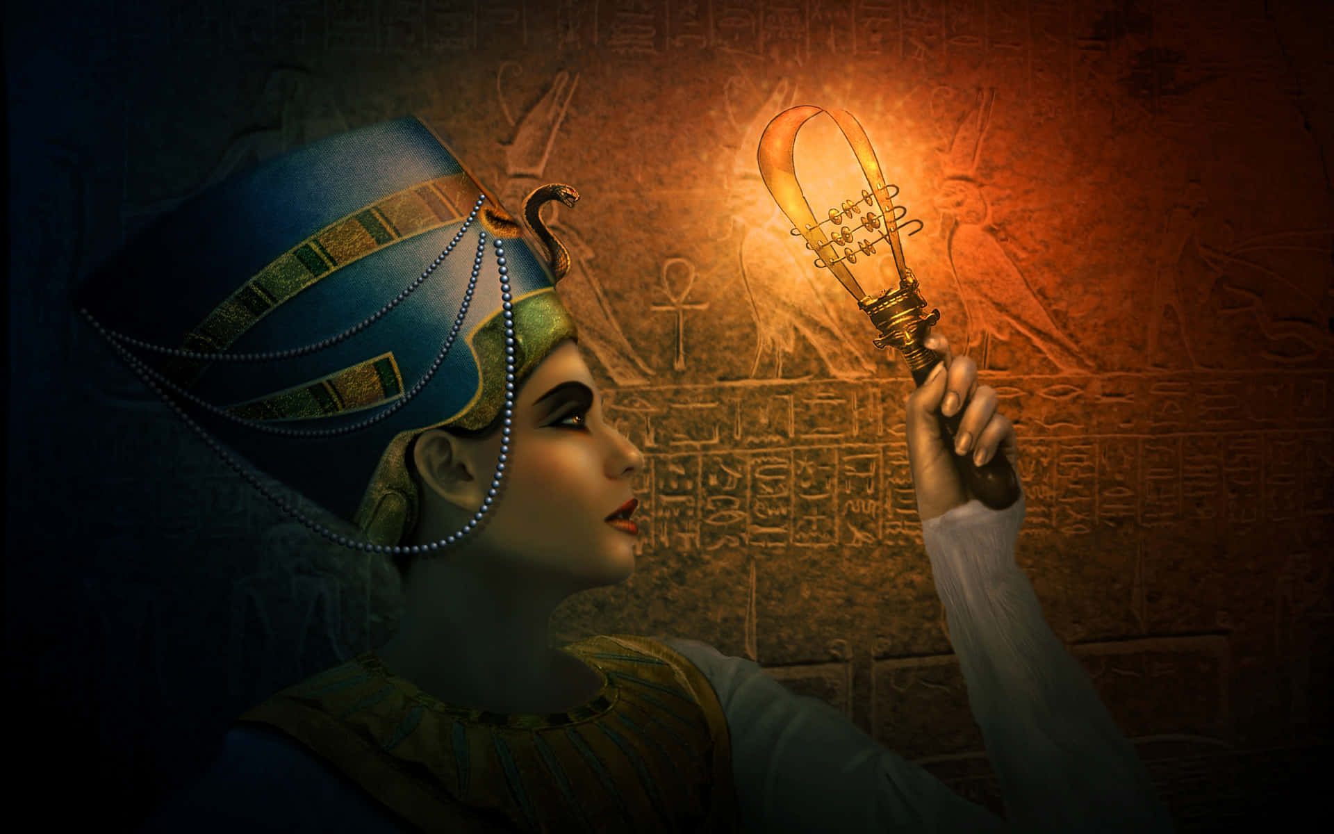 Fondode Pantalla Con Arte De La Reina Nefertiti Sosteniendo Una Lámpara En Un Contexto Egipcio.