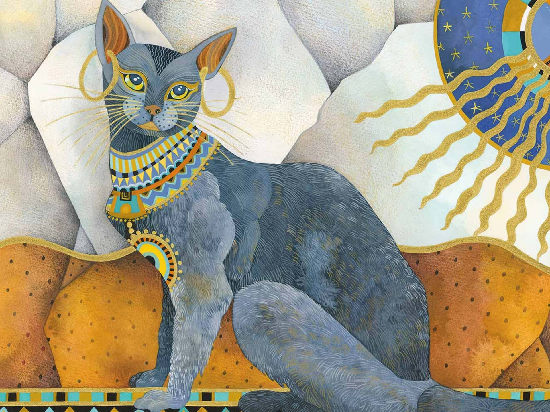 Quadrodi Un Gatto Egiziano Dipinto Con Gioielli In Oro