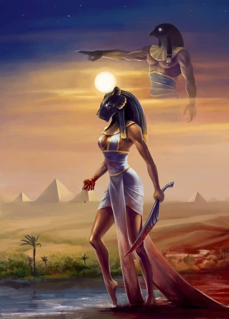 Egyptiskgudinna Med Svärd Och En Kvinna Som Håller Ett Svärd. Wallpaper