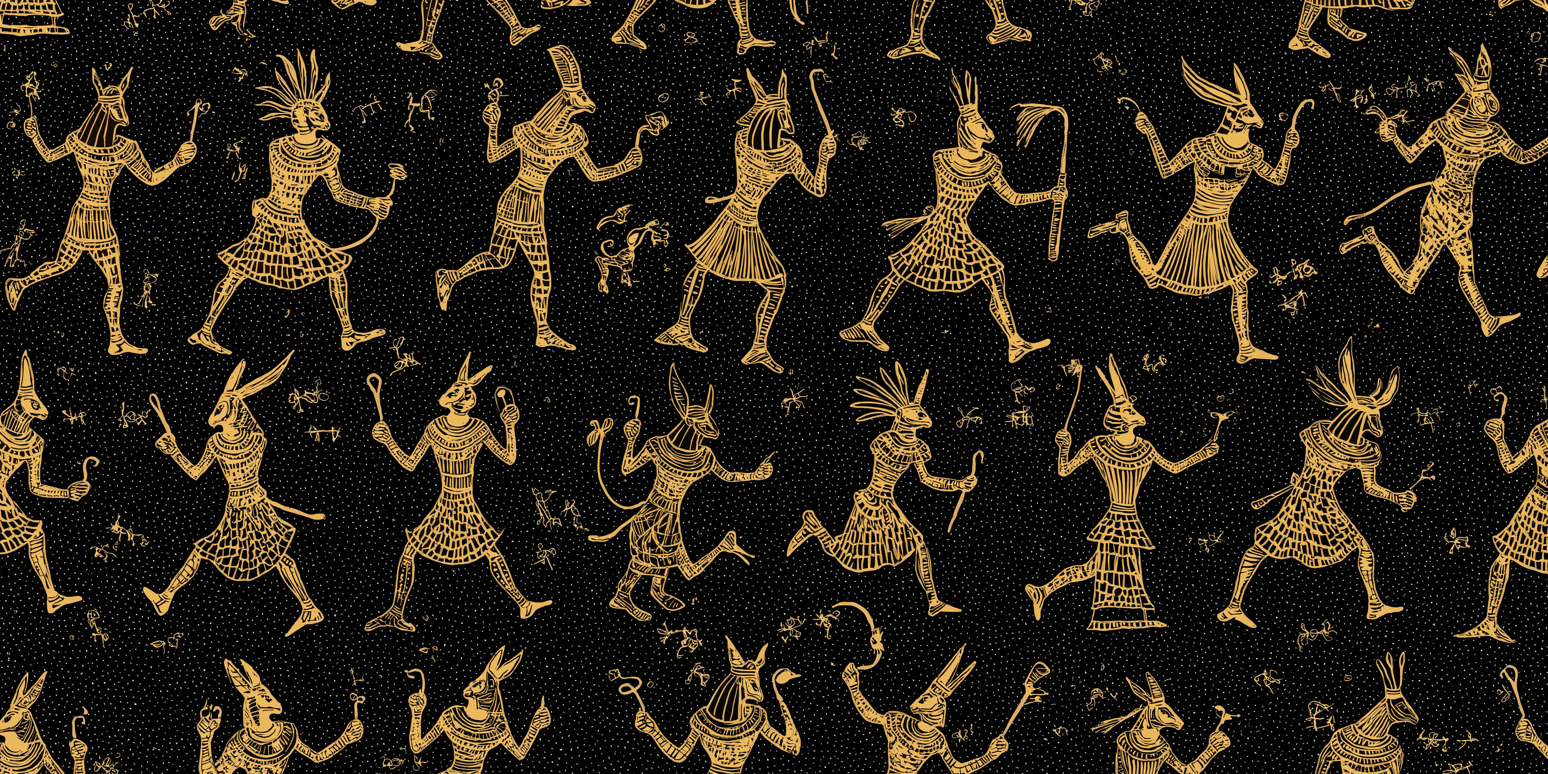 Egyptian Procession Pattern PNG — Golden ancient Egyptian deities in dynamic poses repeat across a speckled black background in a bold pattern.