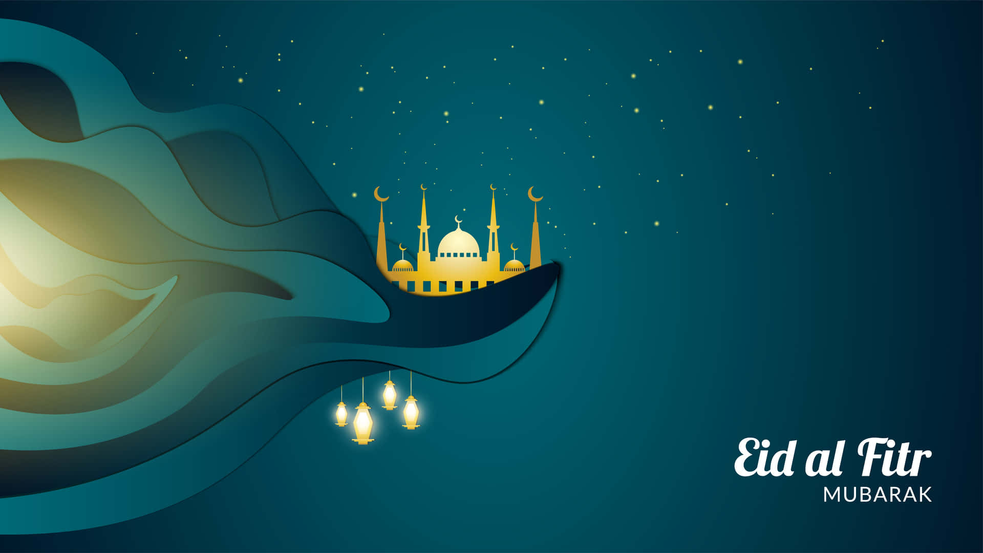 Eid Al-firah Background With A Mosque And Lanterns