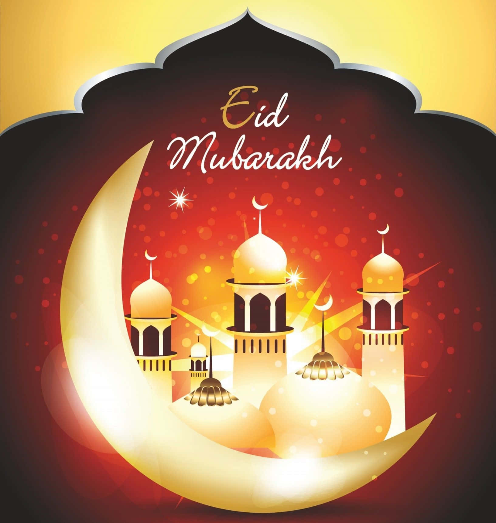 Eid Mubarak Greeting Card With Golden Crescent And Mosque