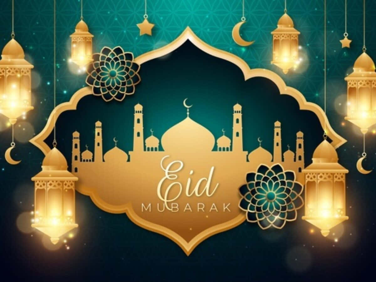 Fundode Eid Mubarak Com Lanternas Douradas E Mesquita.