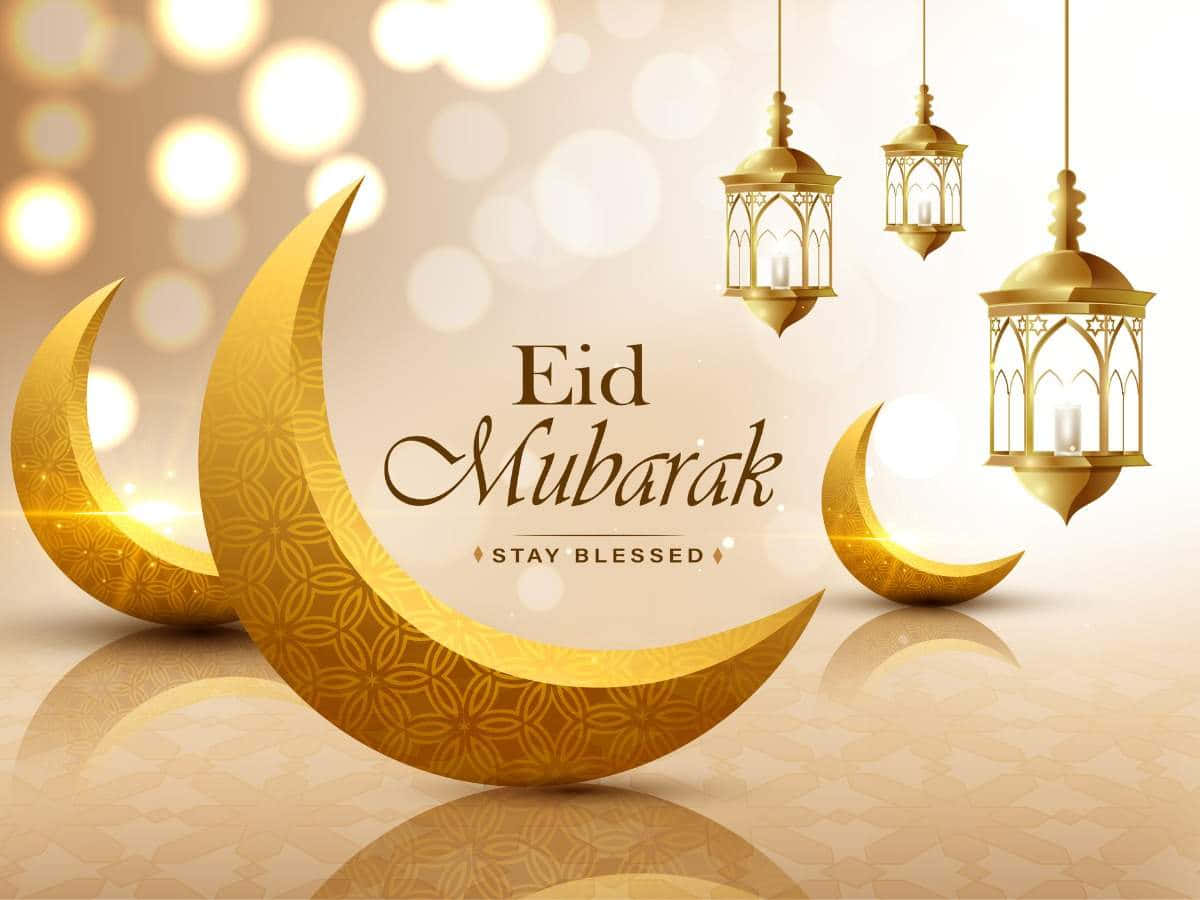 Eid Mubarak With Golden Crescent And Lanterns