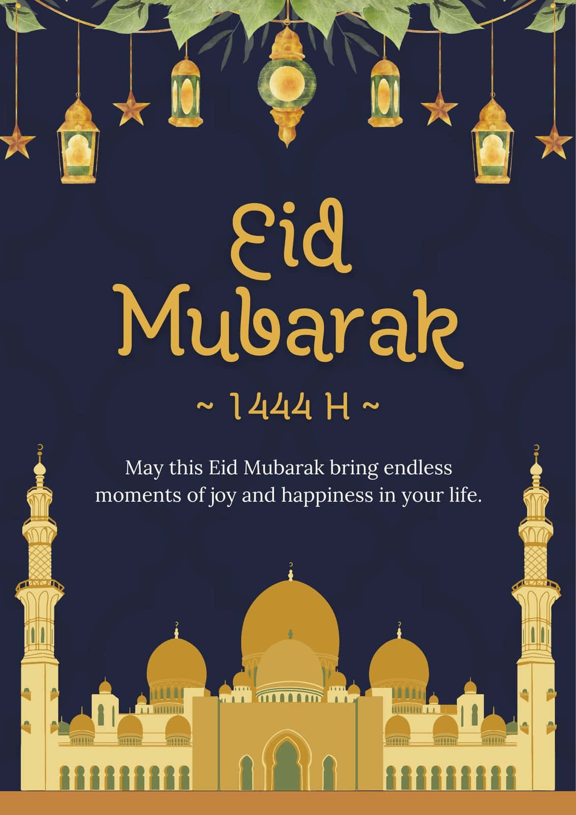 Eid Mubarak Greeting Card With A Mosque And Lanterns