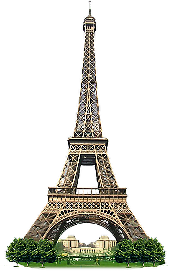 Eiffel Tower Iconic Structure PNG — The Eiffel Tower stands tall against a black background with green bushes and a distant building at its base.