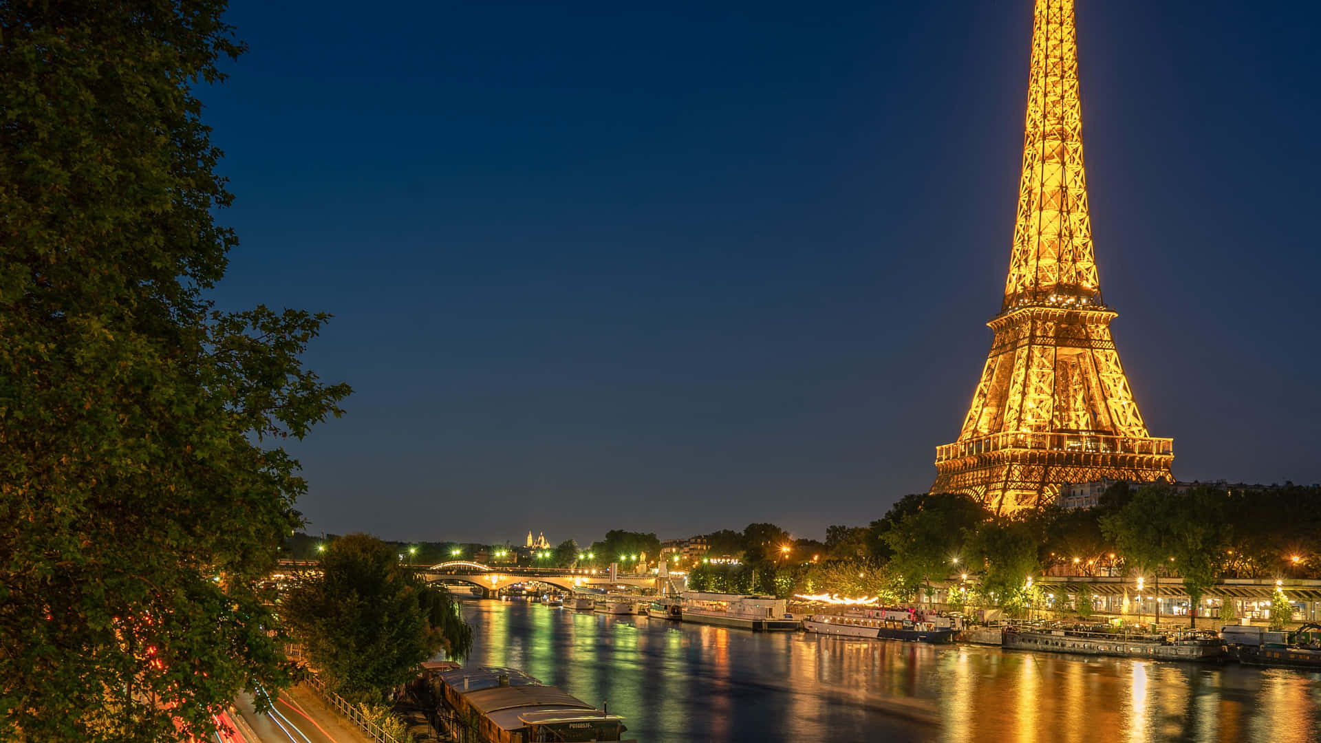 Eiffel Tower Night Illumination River Seine Wallpaper