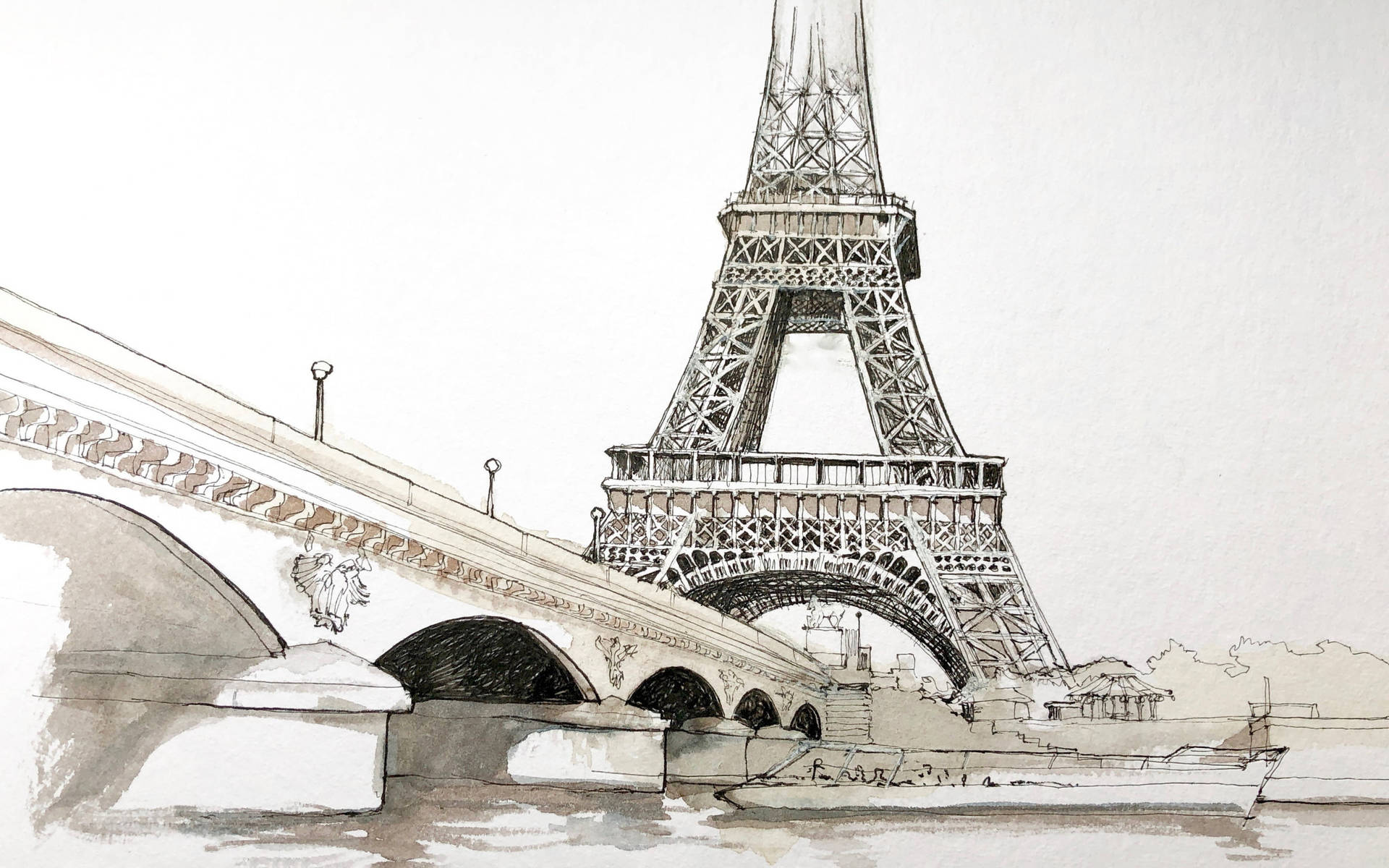 Eiffel Tower Seine River Pencil Drawing Wallpaper