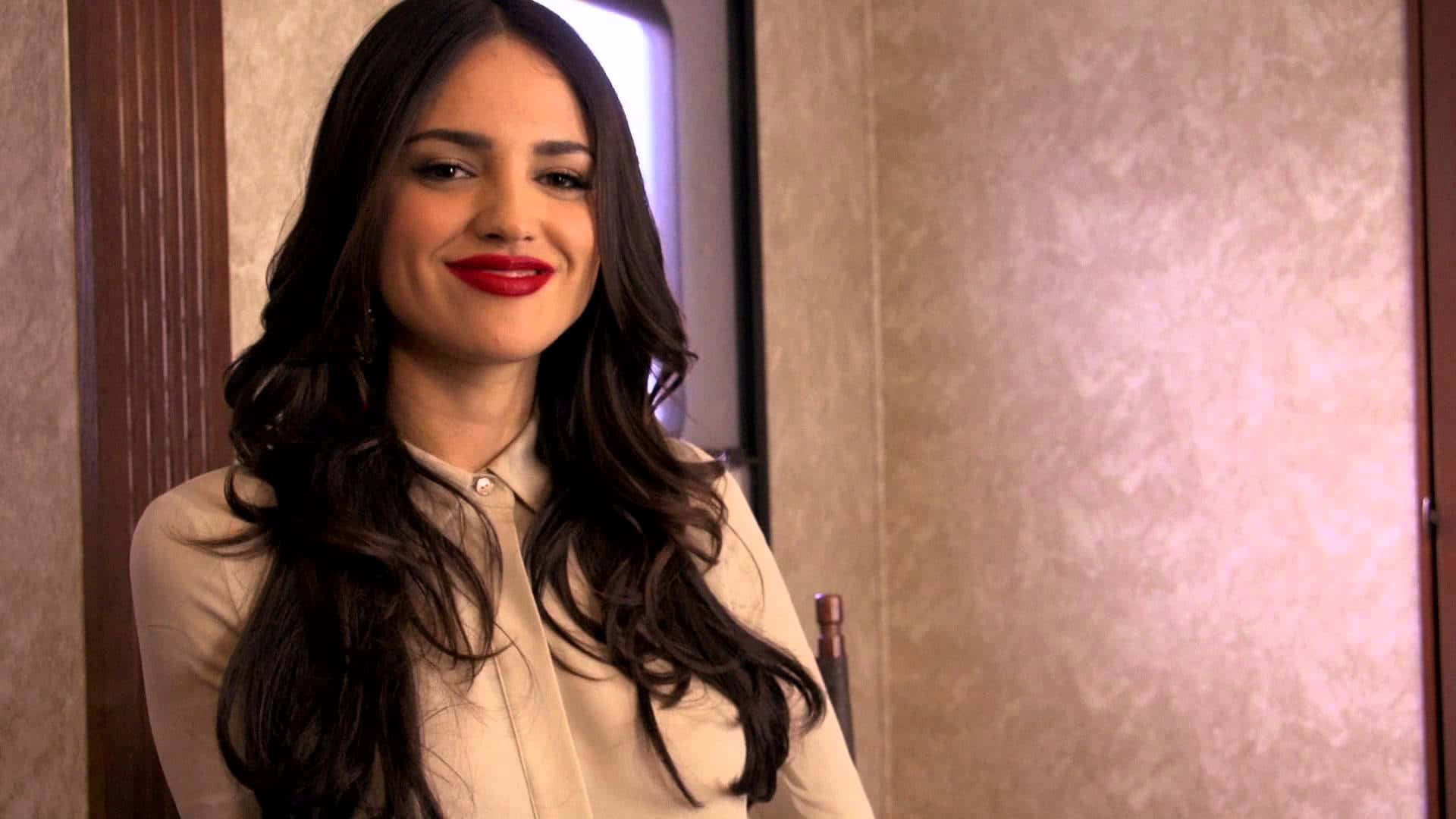 Eiza Gonzalez Smilingwith Red Lipstick Wallpaper