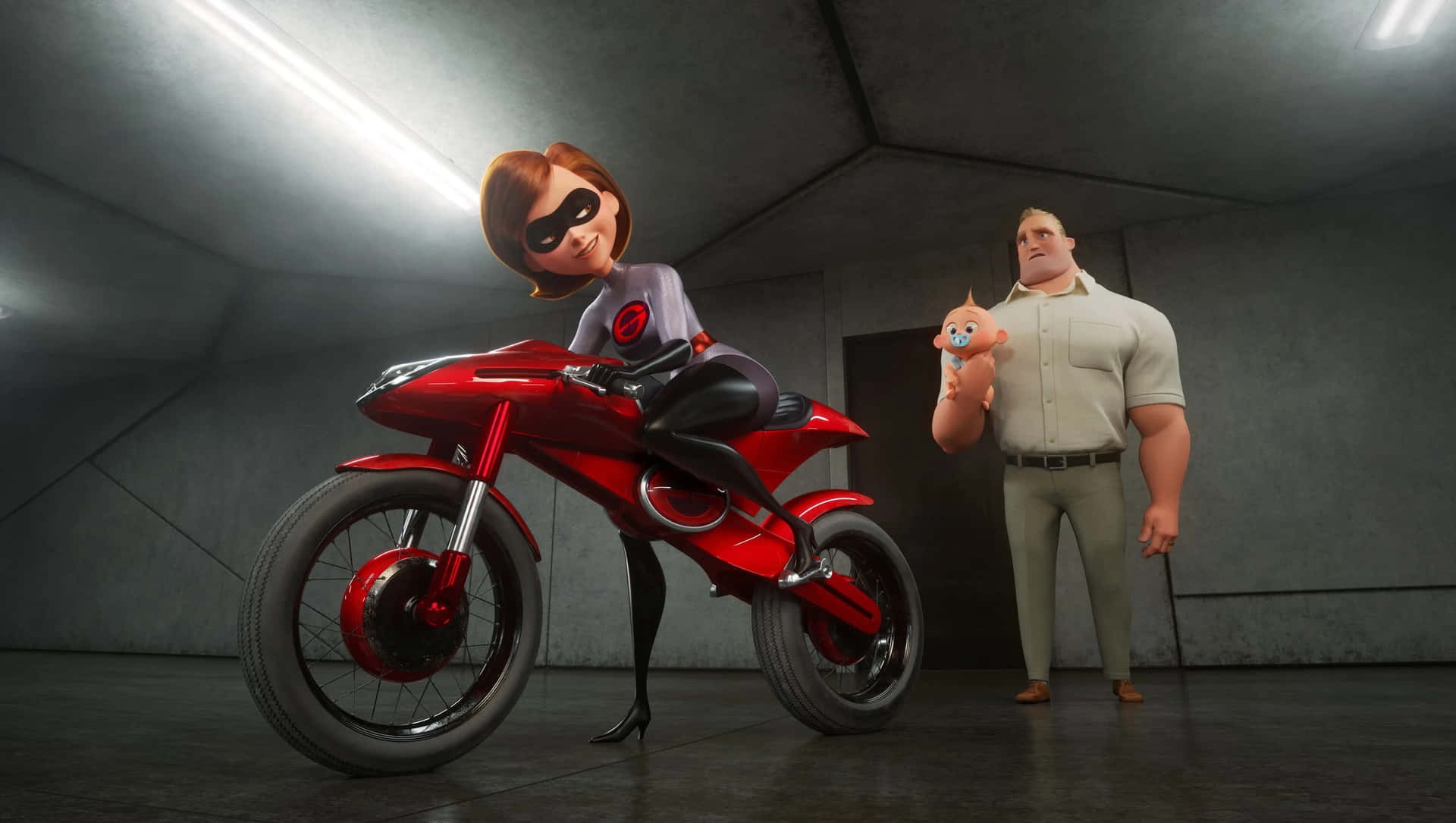 Elastigirl En Mr. Incredible Met Motor Achtergrond