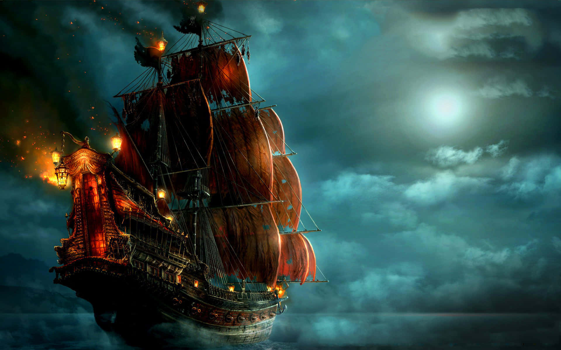 Elcapitán Jack Sparrow Navegando Por Aguas Oscuras Y Misteriosas En Piratas Del Caribe.