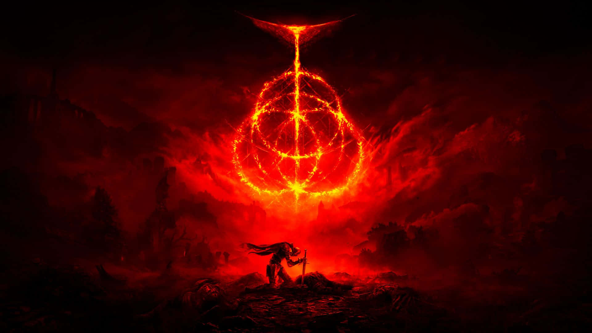 A Red And Black Image Of A Demon Standing On A Mountain