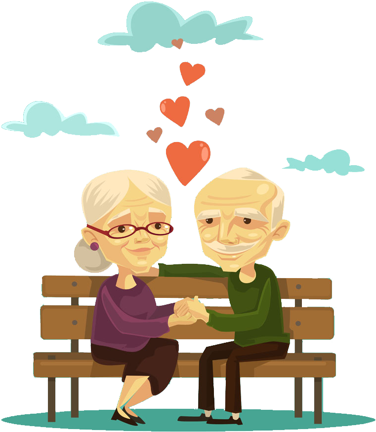 Elderly Couple Love Bench Cartoon PNG