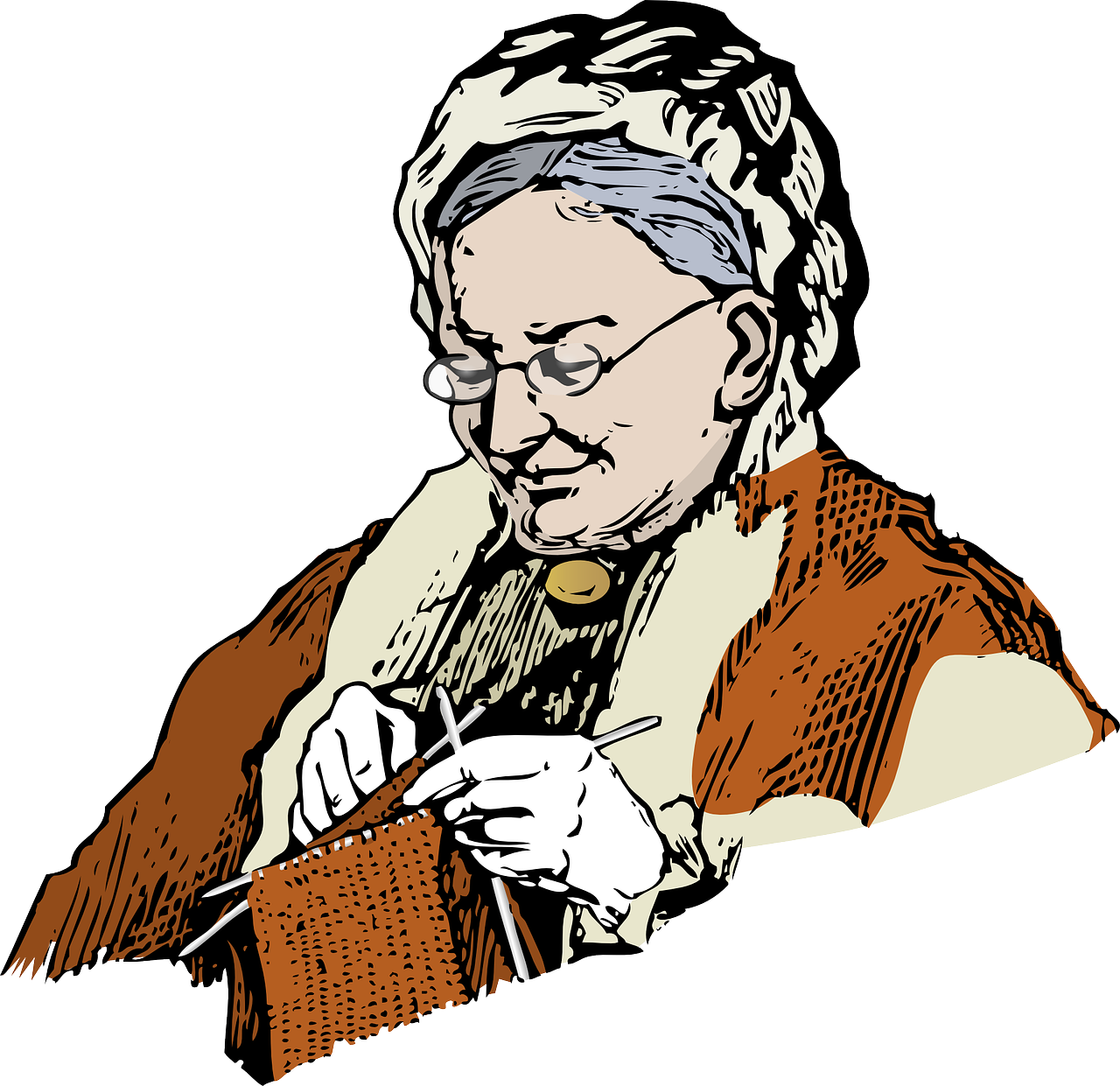 Elderly Woman Knitting Illustration PNG