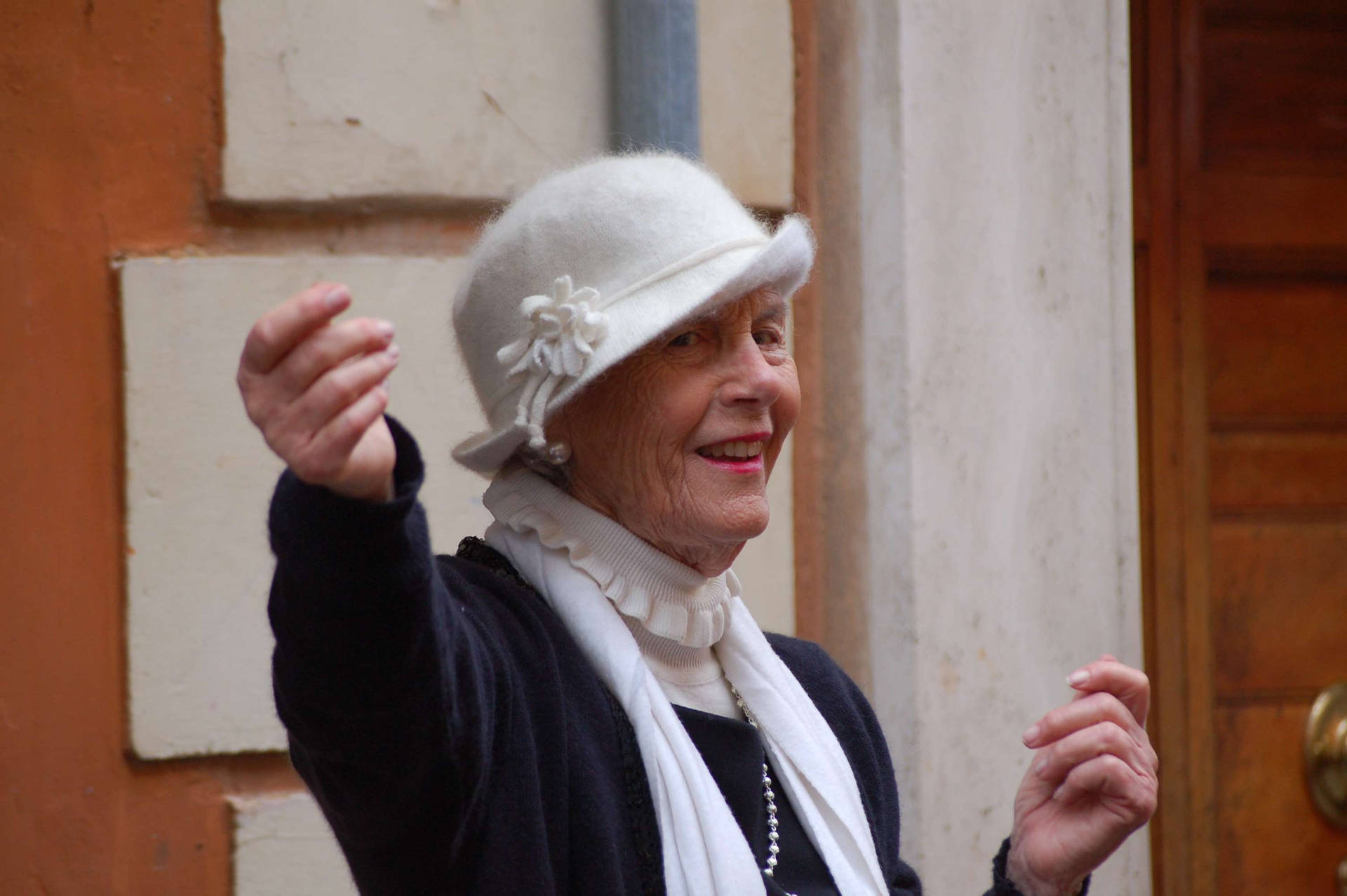 Elderly Woman White Hat Background