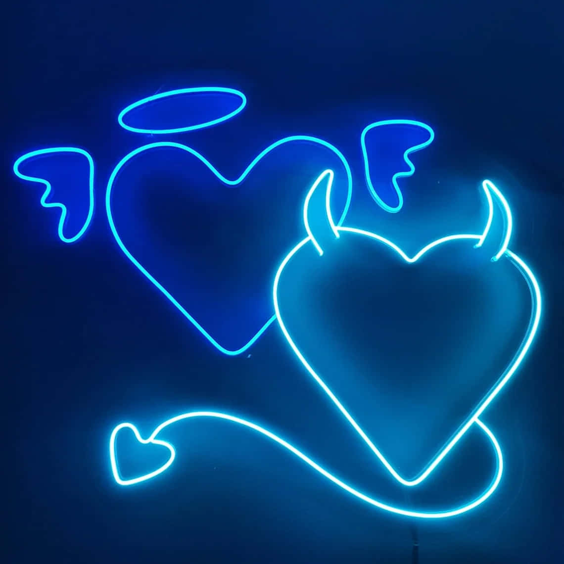 Electric Blue Angel Devil Hearts Neon Sign Wallpaper