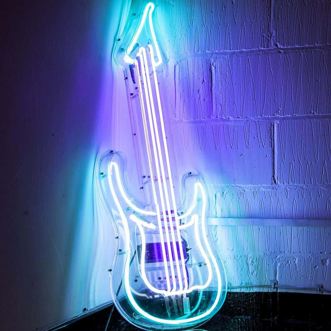 Electric Blue Neon Guitar Wall Art Wallpaper