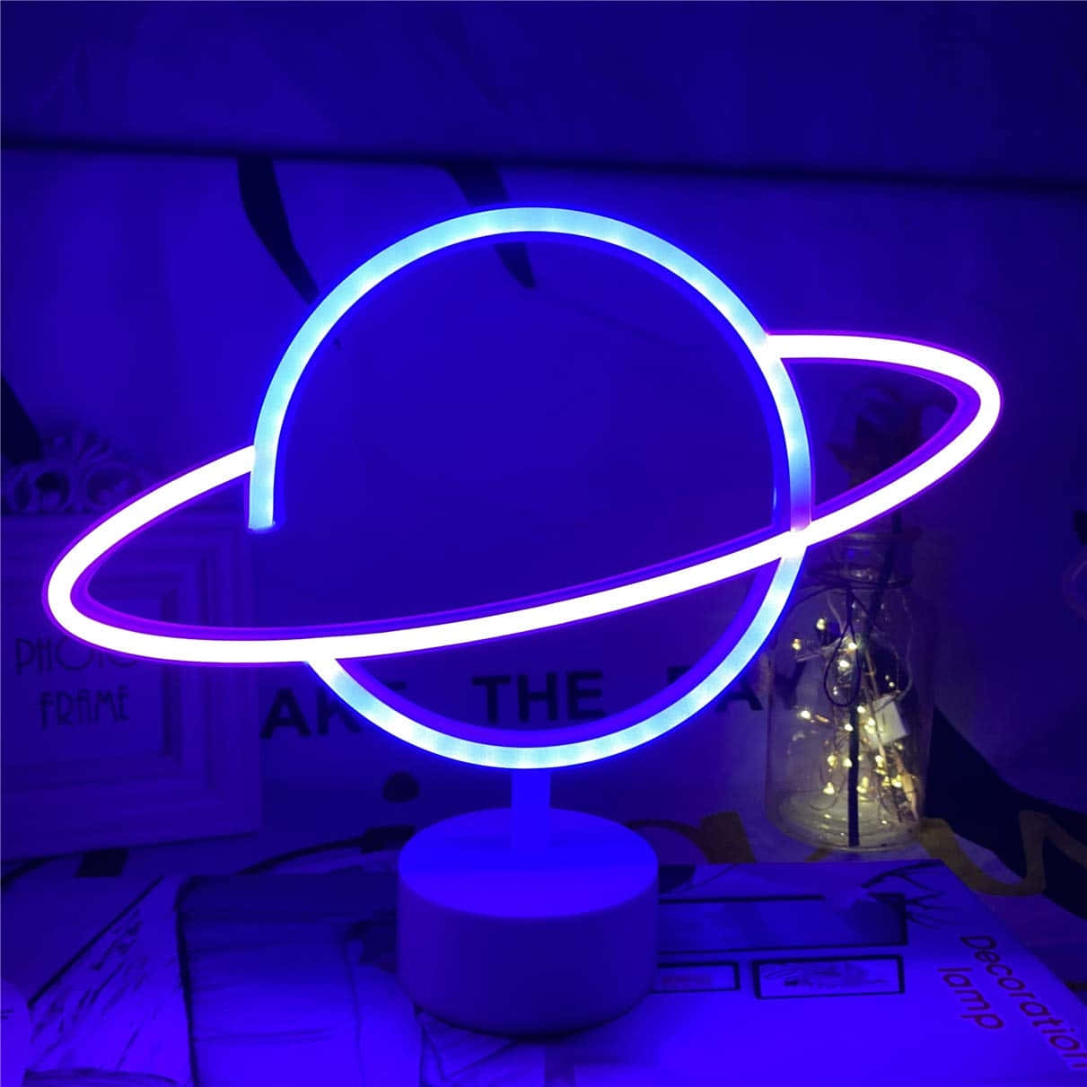 Electric Blue Neon Planet Lamp Wallpaper