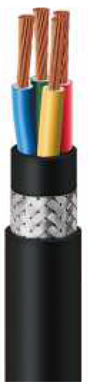 Electrical Cable Cross Section PNG — Cross-section of electrical cable showing copper wires in blue yellow red insulation with black outer sheath and metallic shielding.