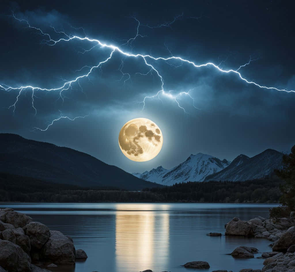 Electrifying Moonrise Over Mountain Lake Wallpaper