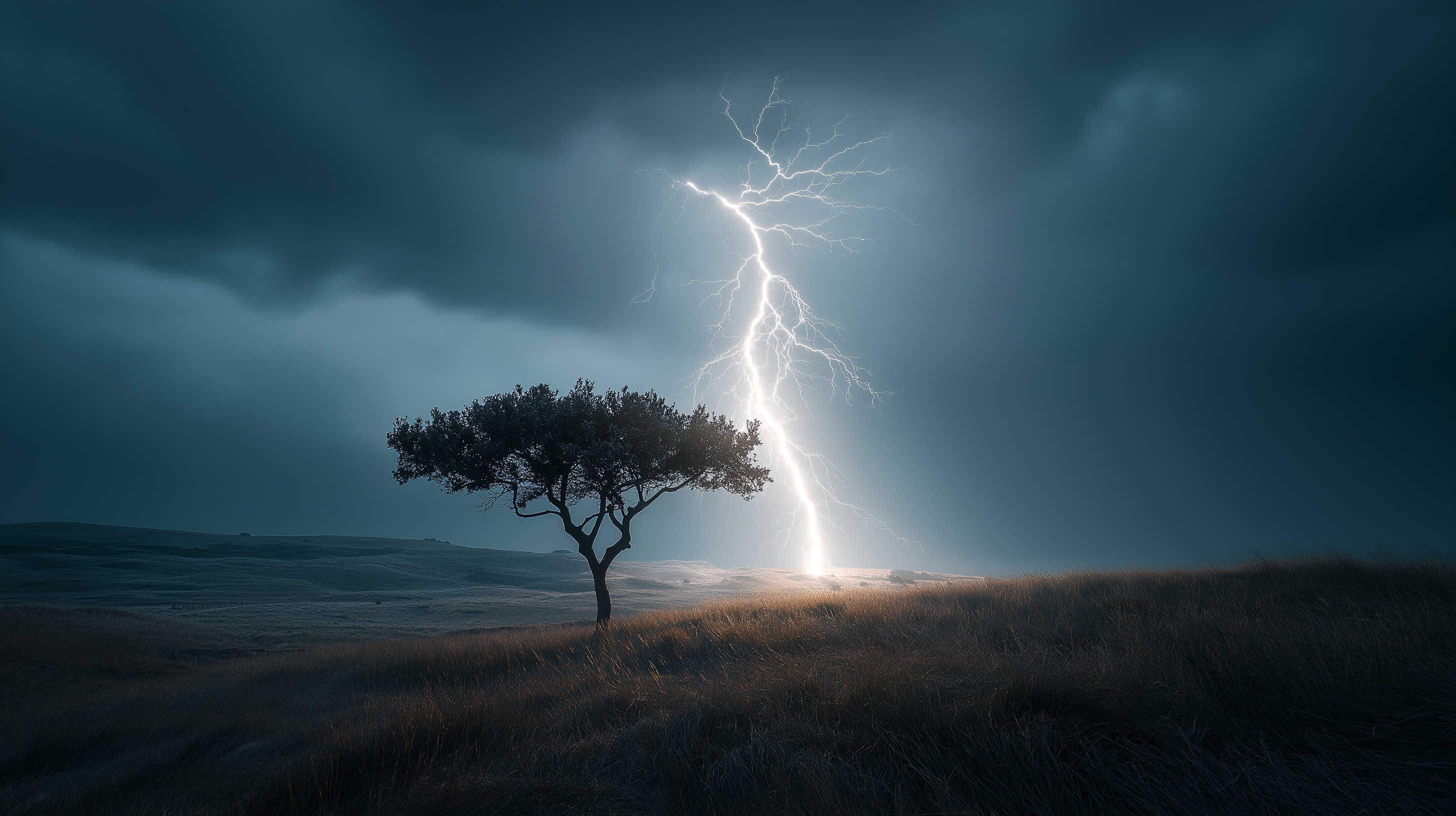 Electrifying Tree Strike PNG — A lone tree stands in a grassy field as a bright lightning bolt strikes the earth nearby under a stormy sky.