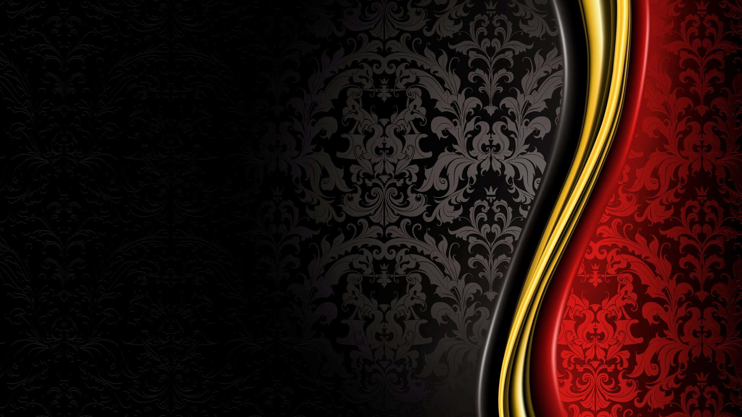 A Black And Red Background With Gold And Black Swirls