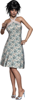 Elegant Animated Woman Floral Dress PNG