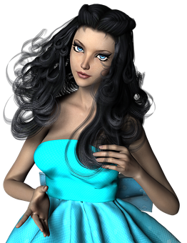 Elegant Animated Womanin Blue Dress PNG