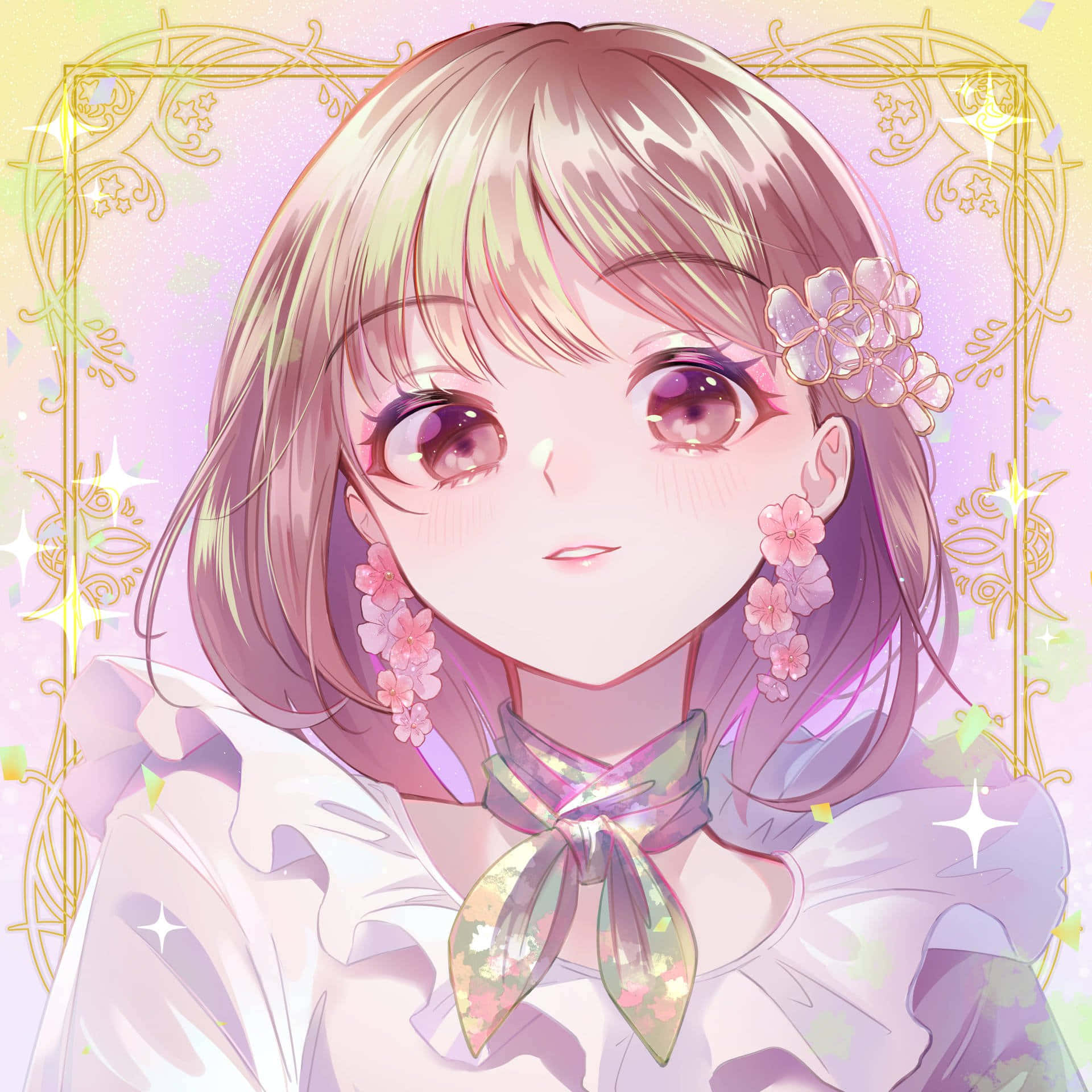 Elegant Anime Girl Floral Accessories Wallpaper