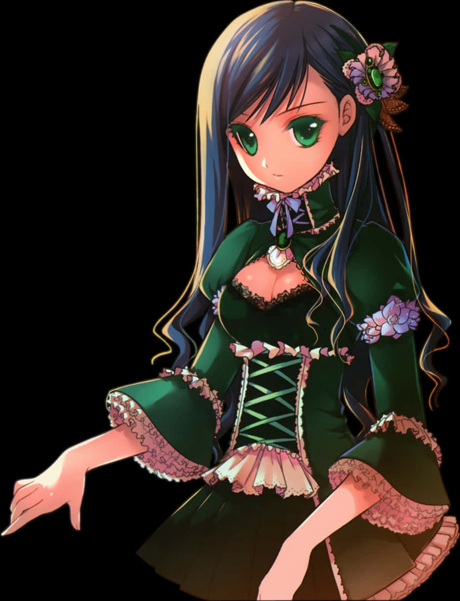 Elegant Anime Girlin Green Dress PNG