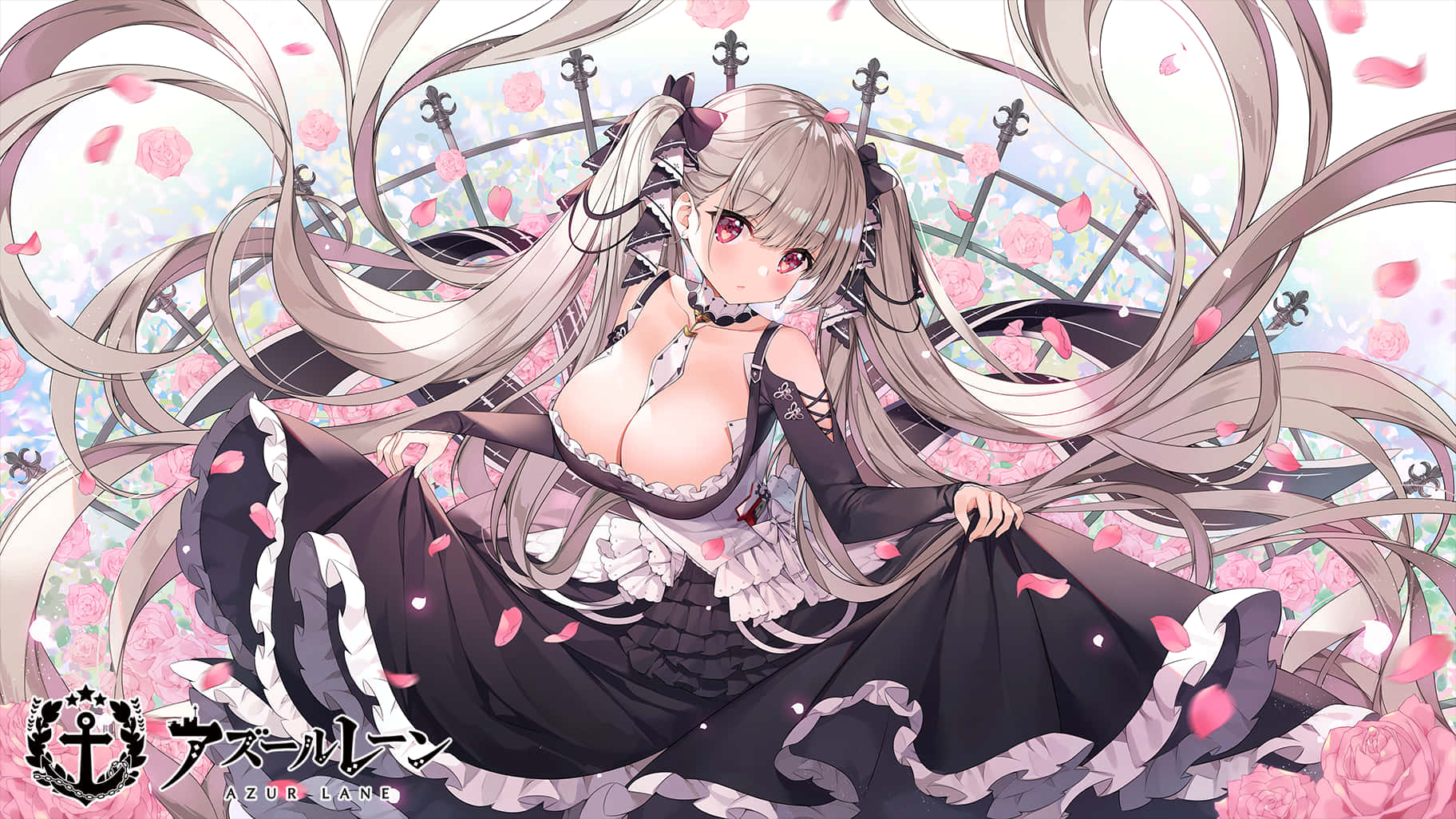 Elegant Anime Maiden Surroundedby Blossoms Wallpaper