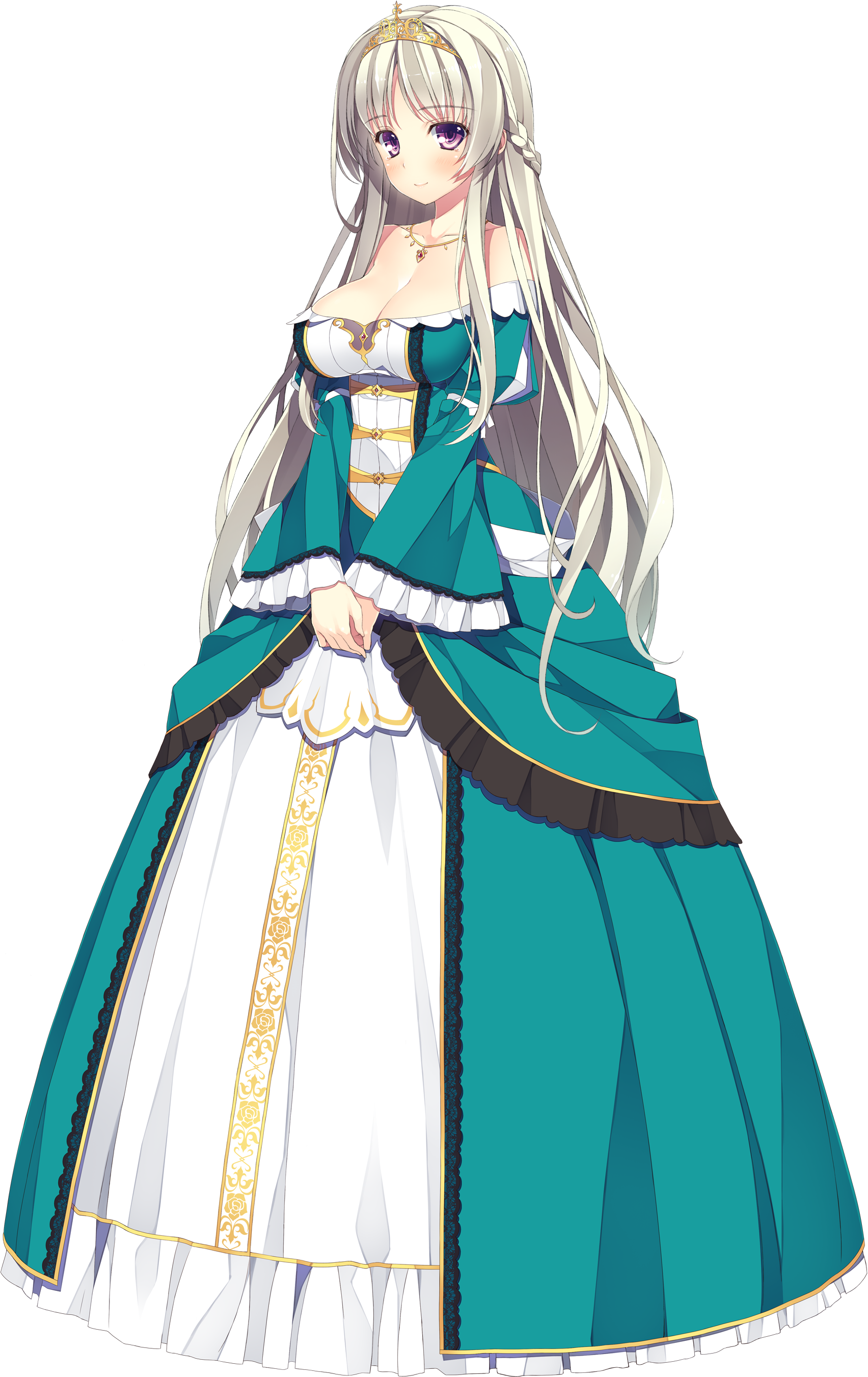 Elegant Anime Princessin Greenand White Dress PNG