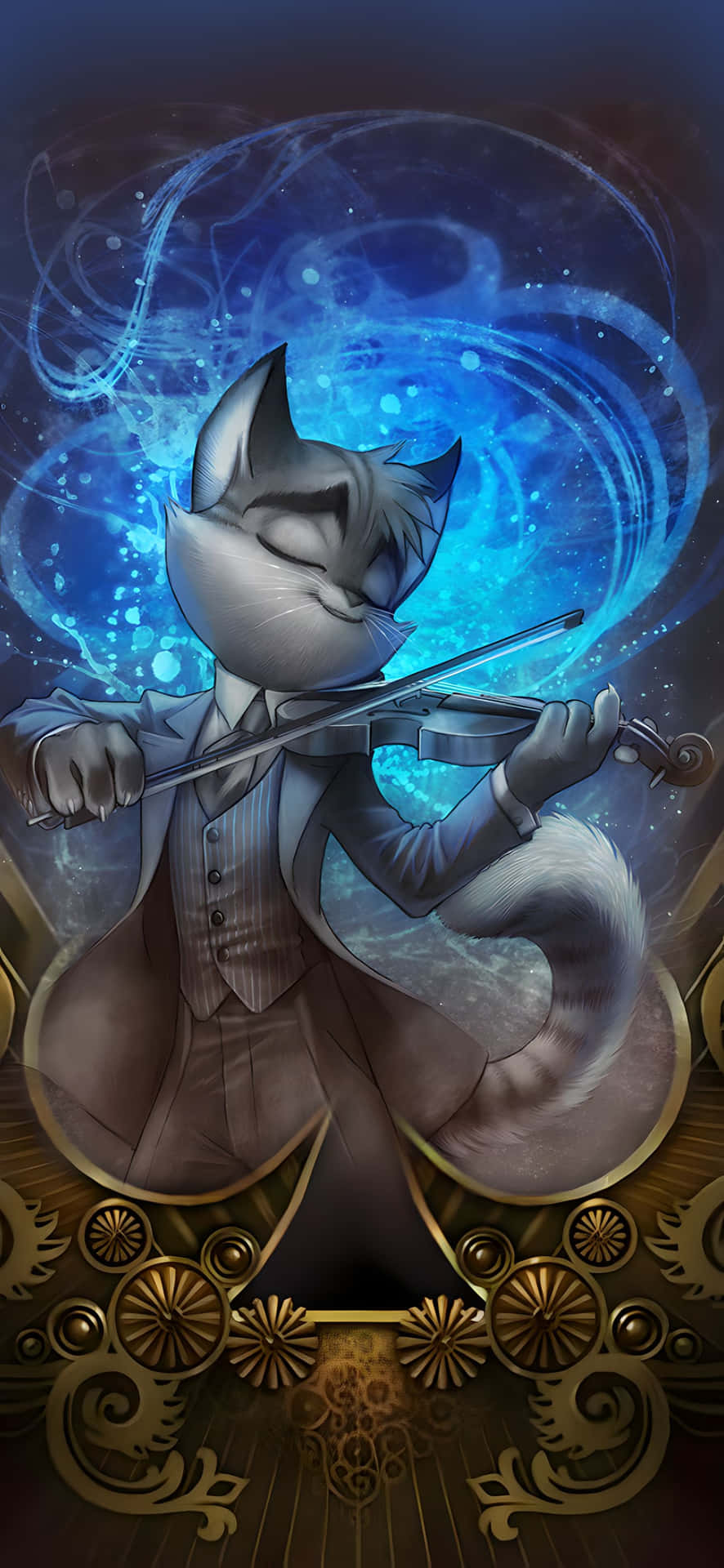 Elegant Anthropomorphic Cat Playing Violin Wallpaper