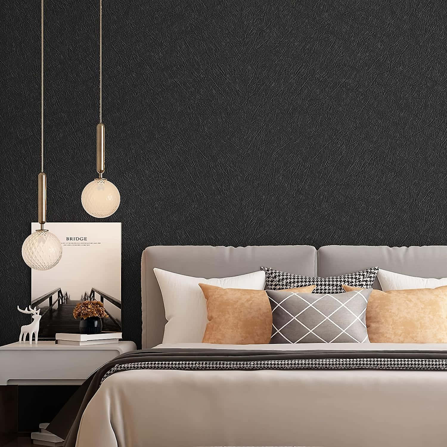 Elegant Bedroom Black Silk Wall Wallpaper