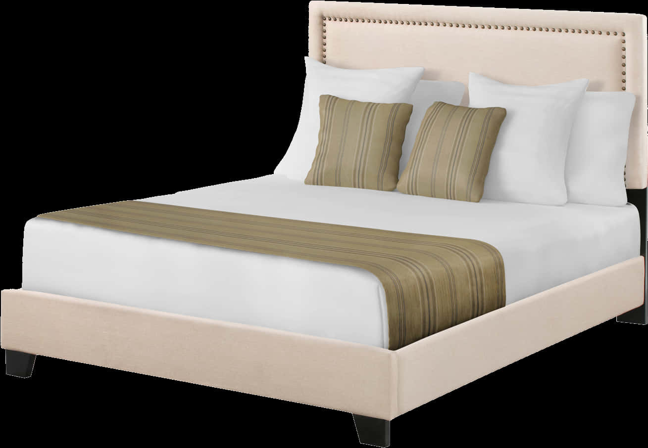 Elegant Beige Upholstered Bed PNG