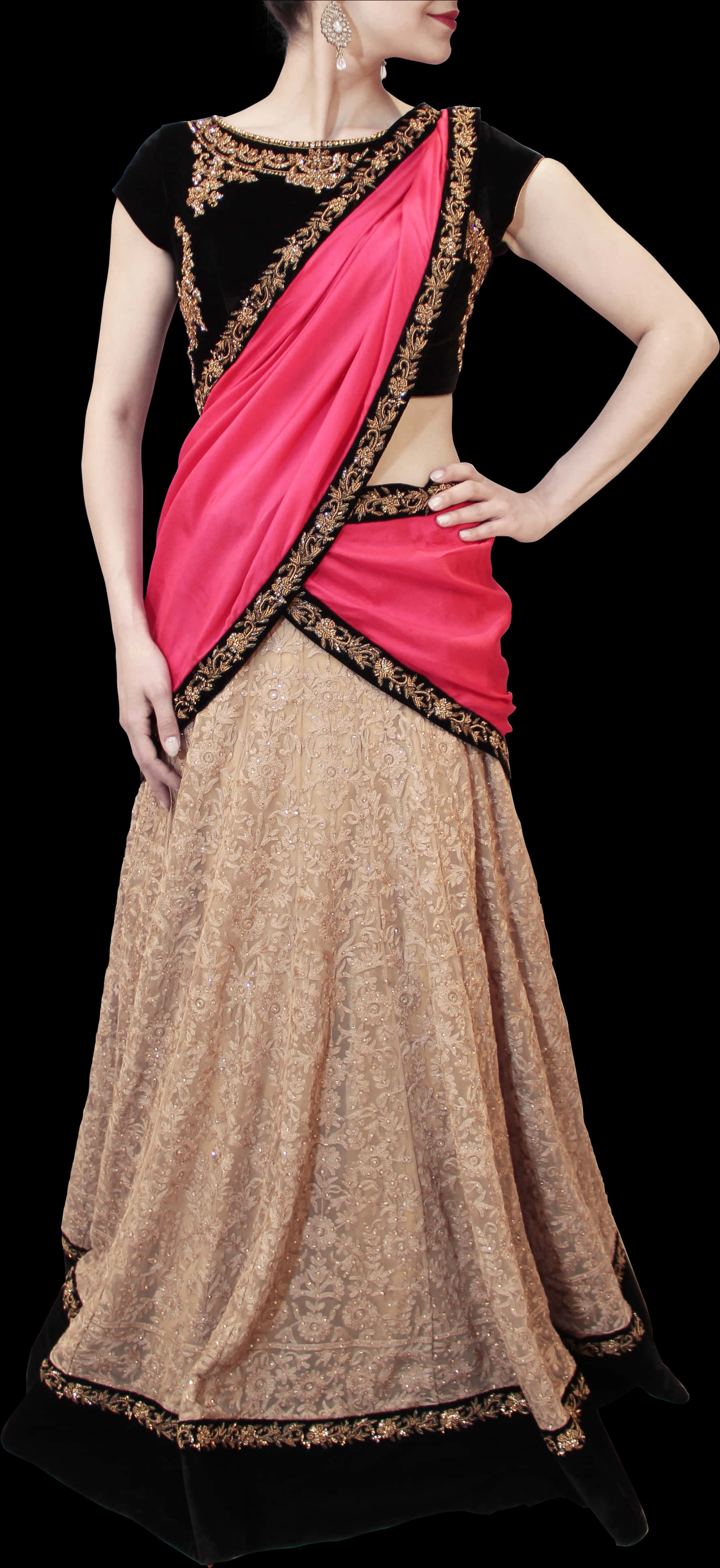 Elegant Beigeand Pink Saree Model PNG