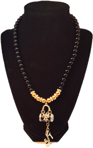 Elegant Black Beaded Necklacewith Golden Pendant PNG