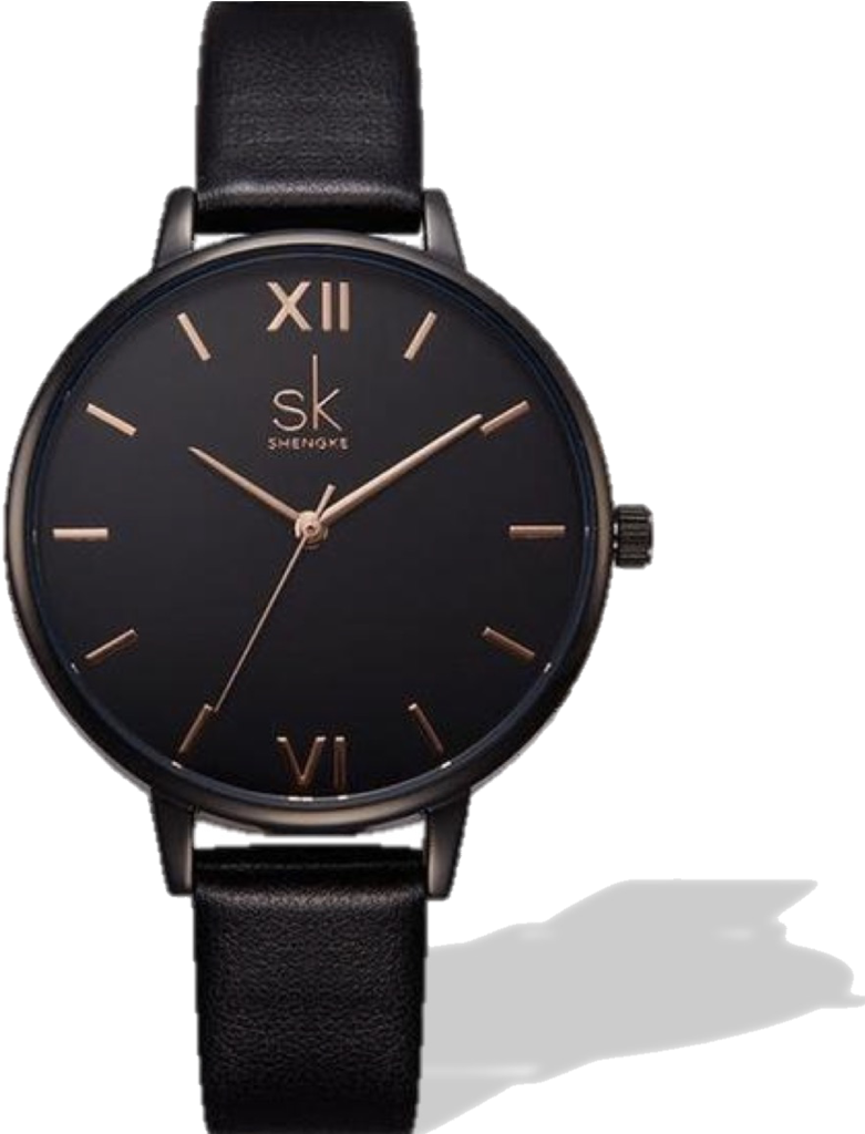 Elegant Black Dial Leather Strap Watch PNG