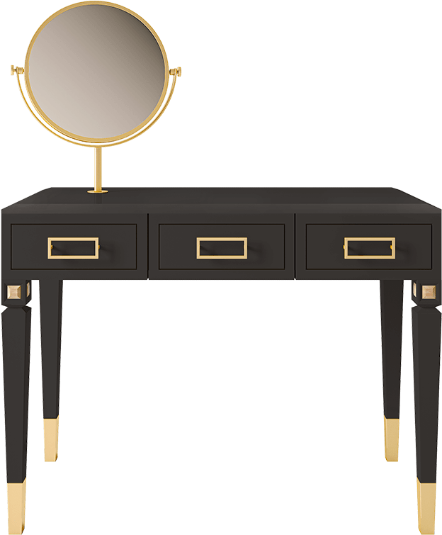 Elegant Black Gold Dressing Tablewith Mirror PNG