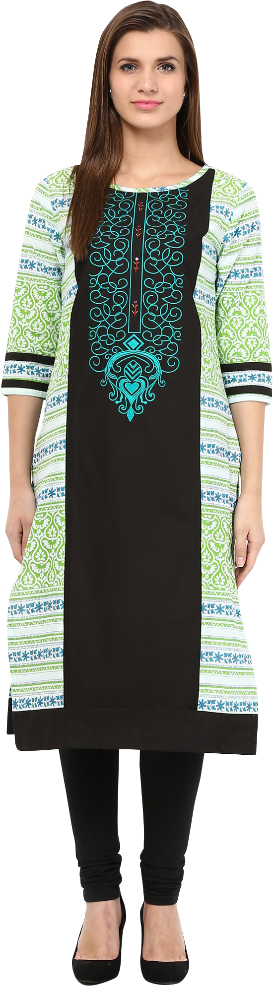 Elegant Black Green Embroidered Kurti PNG