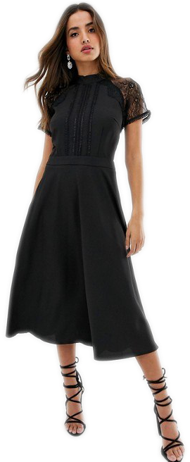 Elegant Black Lace Detail Dress PNG