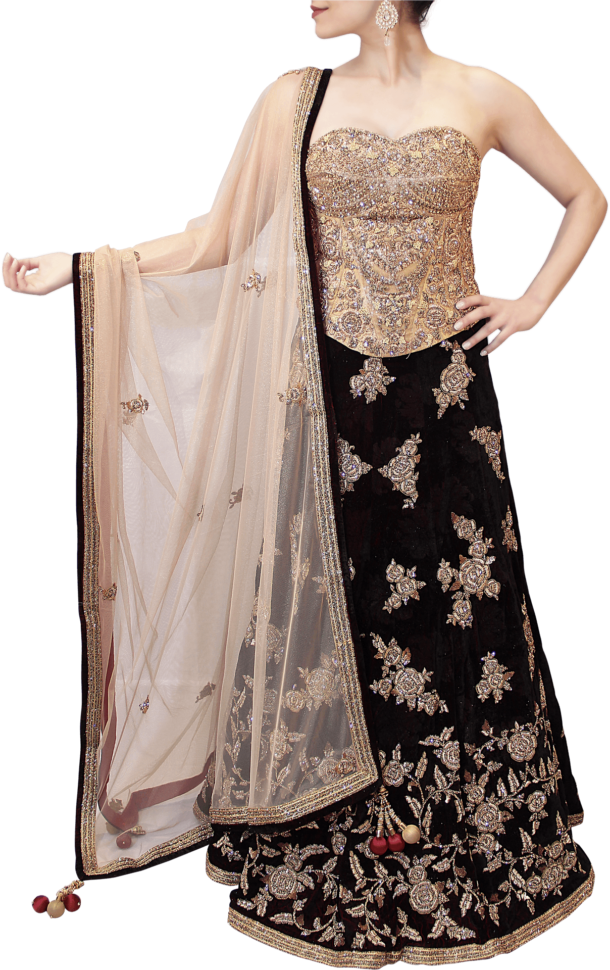 Elegant Black Lehengawith Gold Embroidery PNG