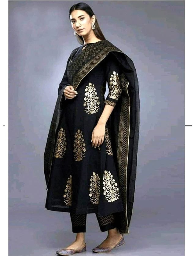 Elegant Black Salwar Suitwith Gold Embroidery PNG
